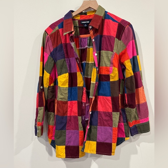 Lands'End Colorful Patchwork Button Down Shirt 100% Cotton - Picture 8 of 10